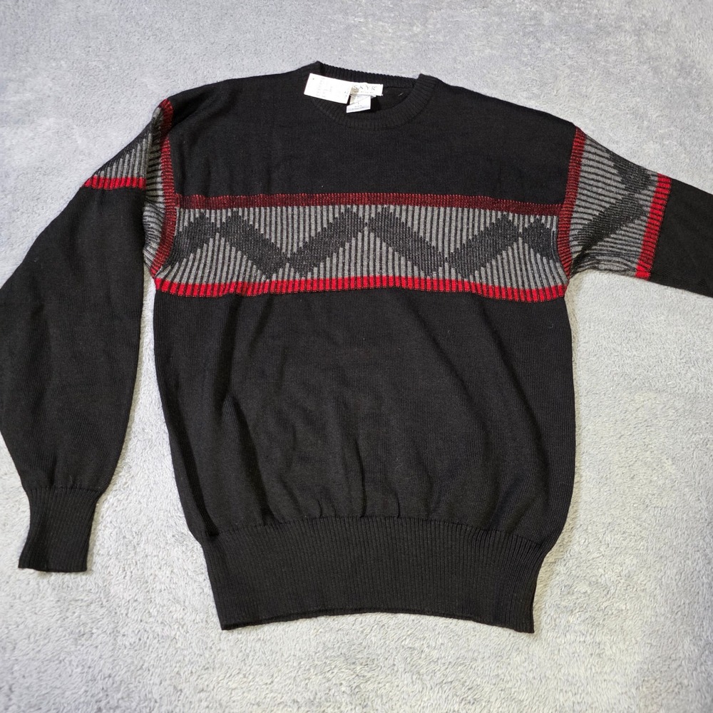 Skyr Mens L‎ Sweater Black Wool Blend Geometric Red Grey Vintage Crewneck